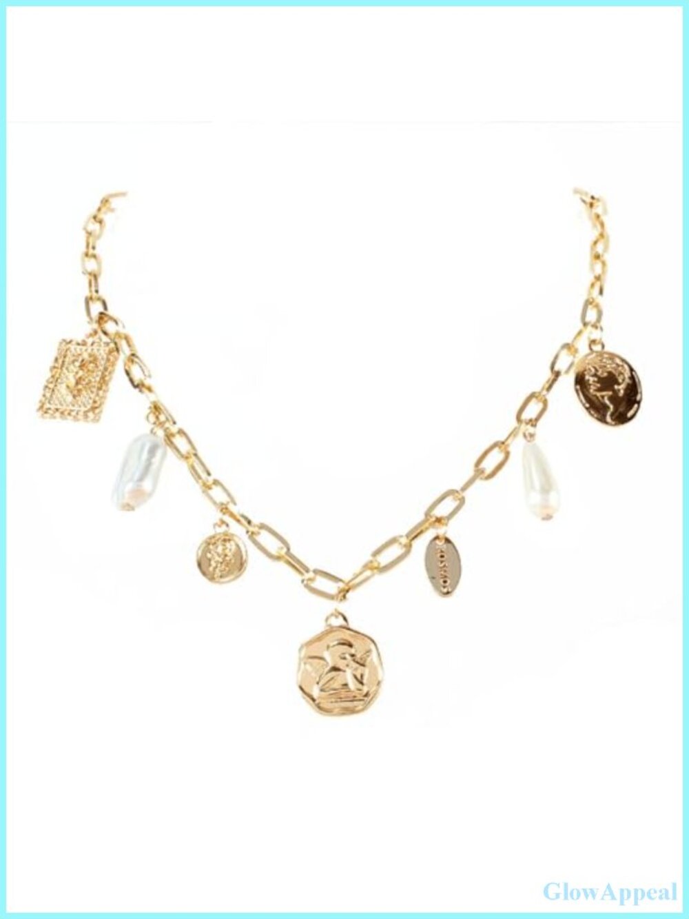 Chunky Gold Charm Necklace White Pearl Choker Square Pendant Boho Cuban Chain